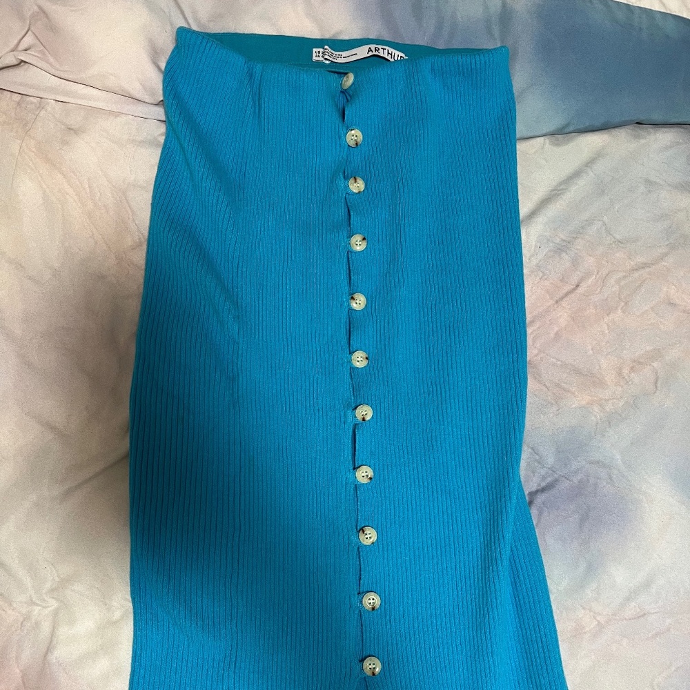 Mid length button down skirt in bright blue